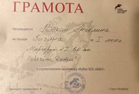 Ангелина Вакий, ученица 8б класса, стала победителем со своей кобылой Зиганой на маршруте с препятствием высотой 50 и 80 см в соревнованиях «Кубок КСК «Факт» 2022